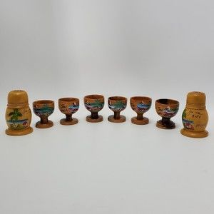 Vintage Wood Egg Cups 6 Sets Wt Wooden Salt  Pepper Shakers Hand Painted Jamaica
